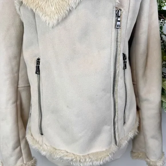 Express Faux Suede Moto Jacket Cream Shearling Collar Zip Front Large - Picture 3 of 13